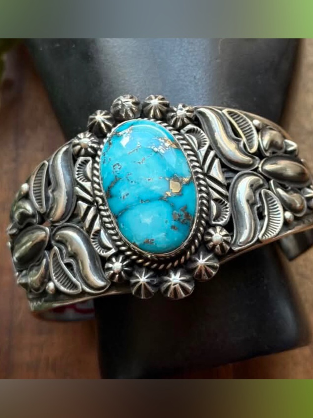 Rick Werito Sonoran Rose Turquoise Sterling Silver Stamped Cuff Bracelet. Navajo